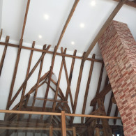 Inside wooden frame roof with lights built into ceiling, Lakenheath